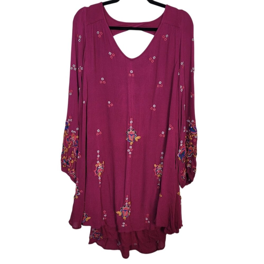Free People Oxford Embroidered Swing Mini Dress In Maroon Women's Sz XS Oversize